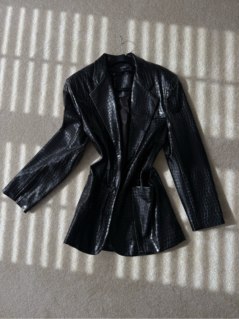 AFRM Black Croc-Embossed Faux Leather Blazer Jacket